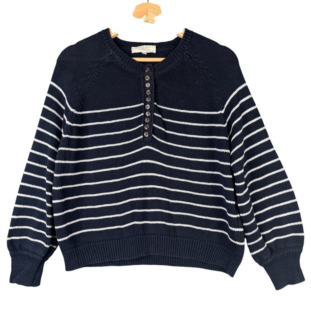 Sezane Leontine Jumper Navy White Striped Cotton Henley Sweater Size M